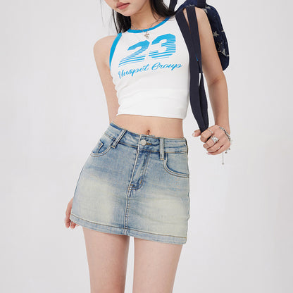 Double Waist Denim Mini Skirt