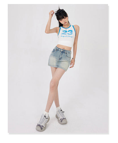 Double Waist Denim Mini Skirt