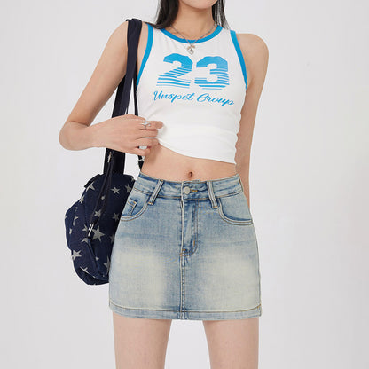 Double Waist Denim Mini Skirt